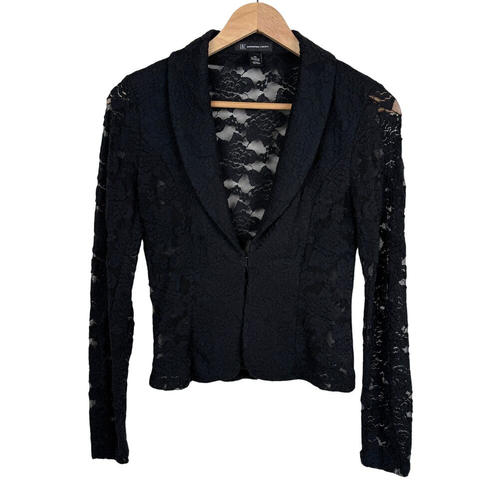 INC International Concepts Black Lace Fitted Blazer Blouse XS Romantic Sheer Y2K